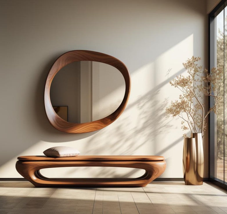 Walnut Asymmetrical Mirror, Walnut Framed Irregular Wall Mirror, Wooden Framed Asymmetrical Mirror, Mid Century Modern Mirror, Mirror Art