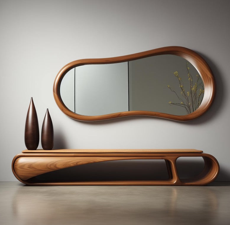 Organic Wave Walnut Wall Mirror, Asymmetrical Walnut Wood Frame Mirror