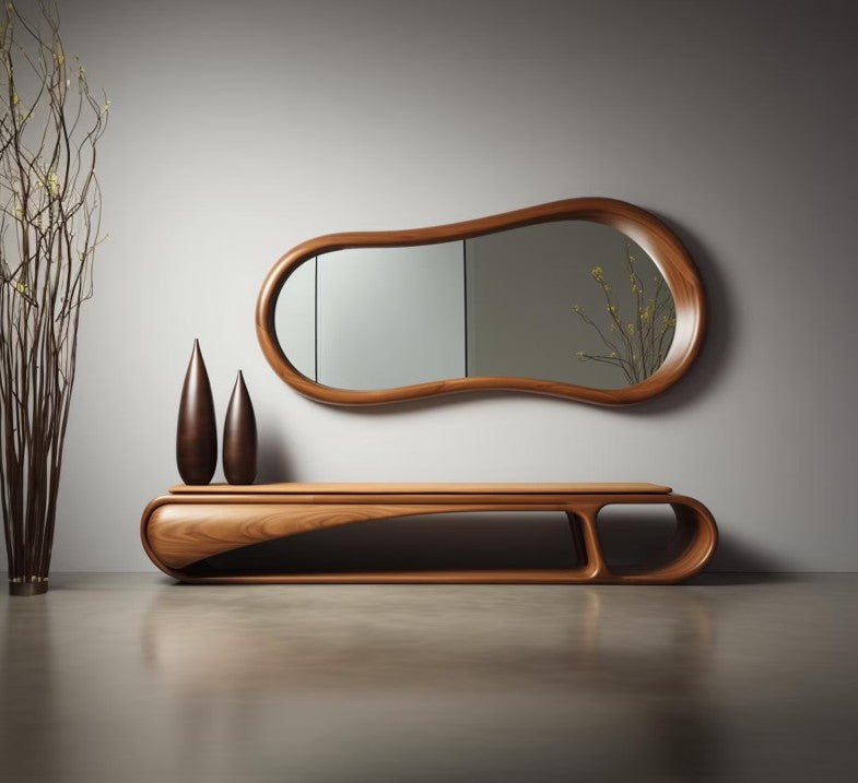Organic Wave Walnut Wall Mirror, Asymmetrical Walnut Wood Frame Mirror