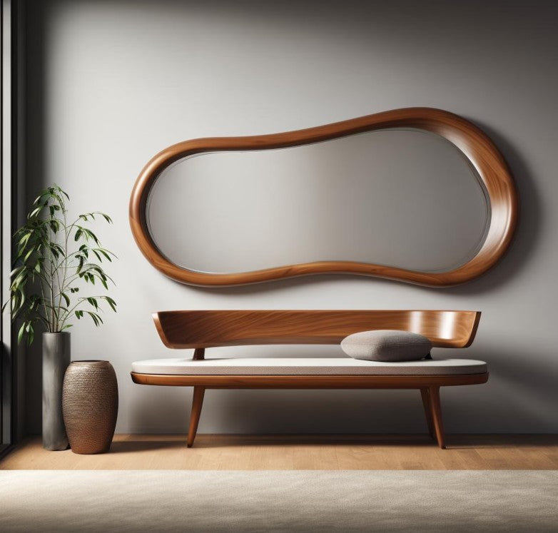 Organic Wave Walnut Wall Mirror, Asymmetrical Walnut Wood Frame Mirror