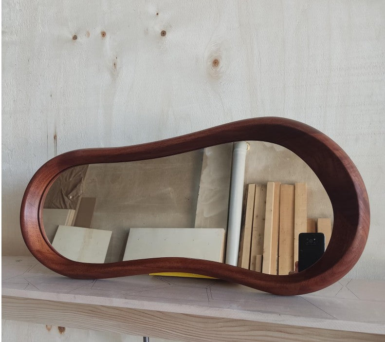 Organic Wave Walnut Wall Mirror, Asymmetrical Walnut Wood Frame Mirror