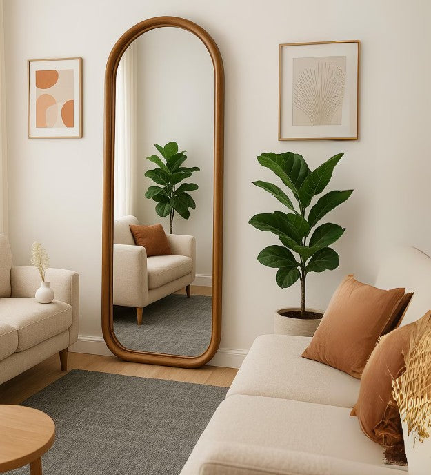 Walnut Full Body Mirror for Bedroom & Living Room, Mid Century Large Mirror, Asymmetrical Tall Floor Mirror