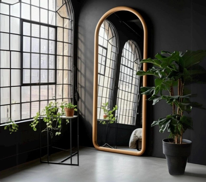 Walnut Full Body Mirror for Bedroom & Living Room, Mid Century Large Mirror, Asymmetrical Tall Floor Mirror
