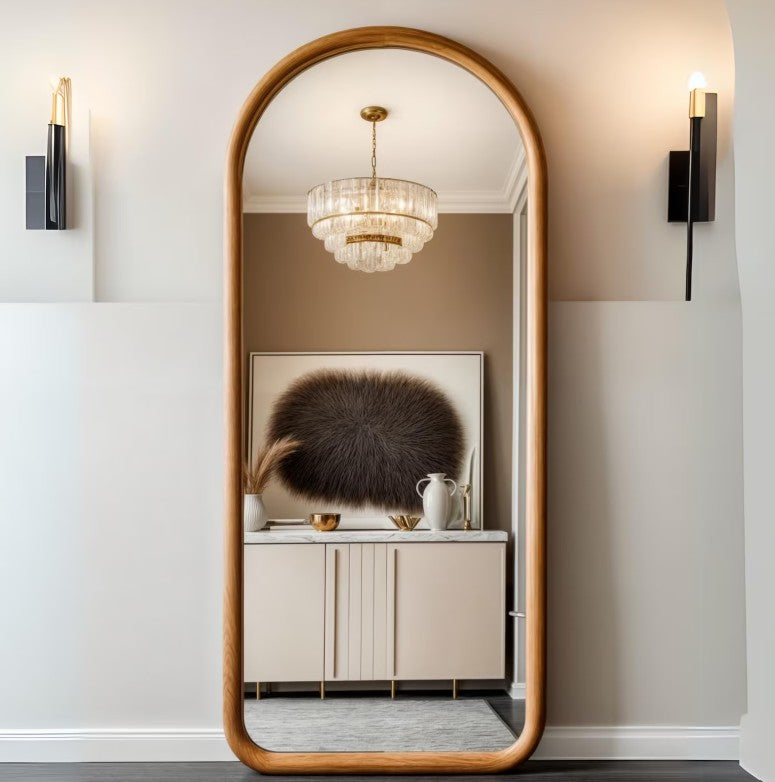 Walnut Full Body Mirror for Bedroom & Living Room, Mid Century Large Mirror, Asymmetrical Tall Floor Mirror