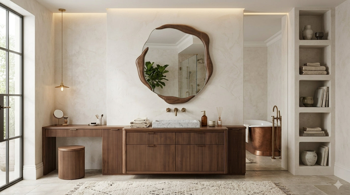 Curve Teak Wood Mirror for Living Room