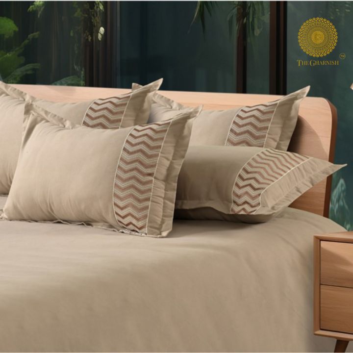 Plain Bedding Set with Embrodiery on Pillow - The Gharnish - A Unit of Satkala Creations