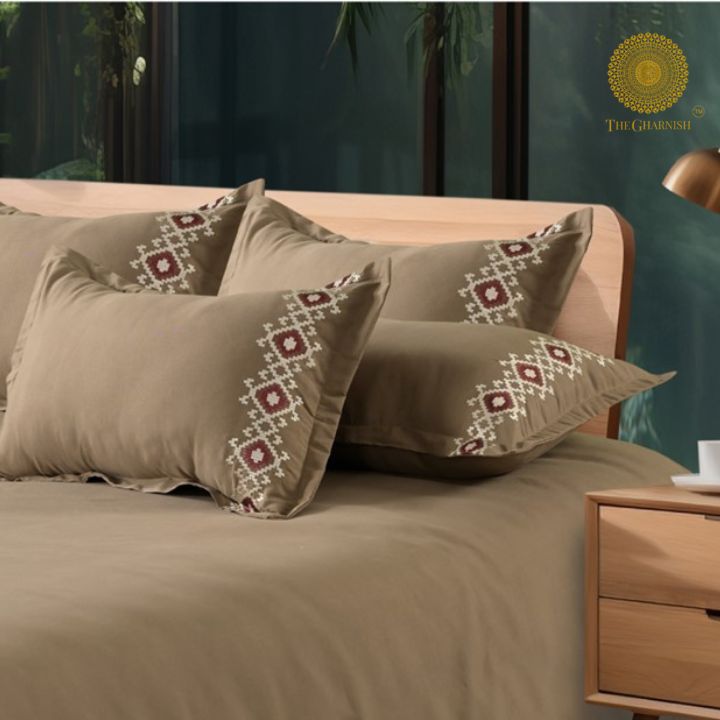 Plain Bedding Set with Embrodiery on Pillow - The Gharnish - A Unit of Satkala Creations