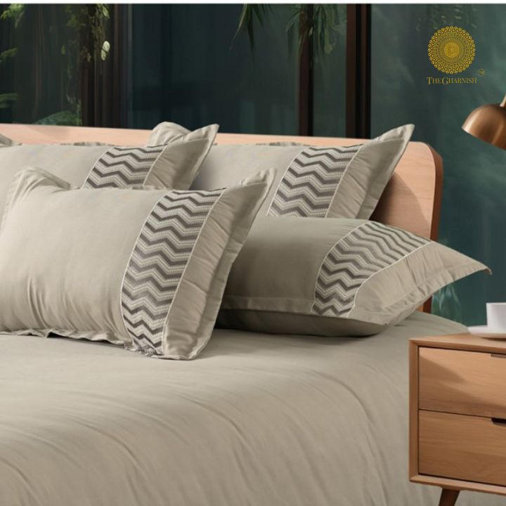 Plain Bedding Set with Embrodiery on Pillow - The Gharnish - A Unit of Satkala Creations