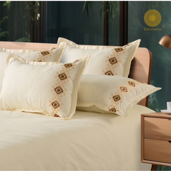 Plain Bedding Set with Embrodiery on Pillow - The Gharnish - A Unit of Satkala Creations
