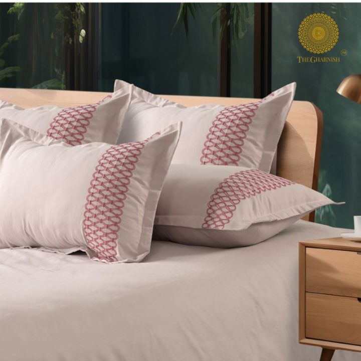 Plain Bedding Set with Embrodiery on Pillow - The Gharnish - A Unit of Satkala Creations