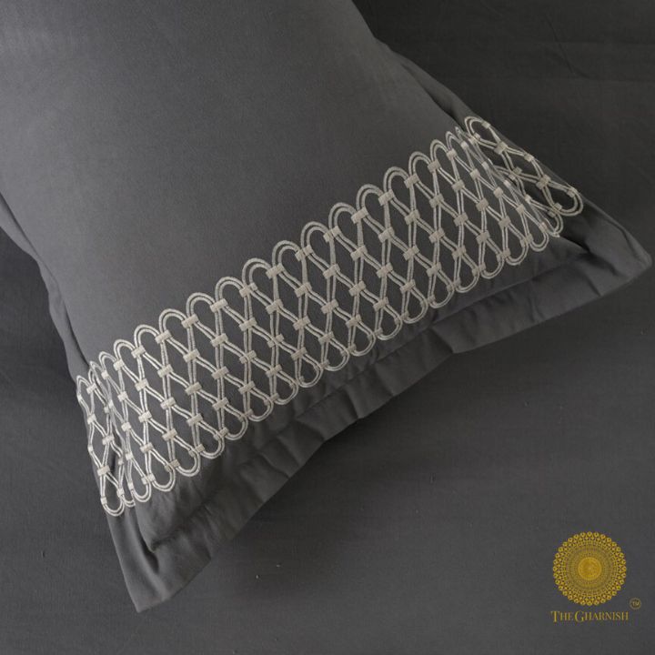 Plain Bedding Set with Embrodiery on Pillow - The Gharnish - A Unit of Satkala Creations