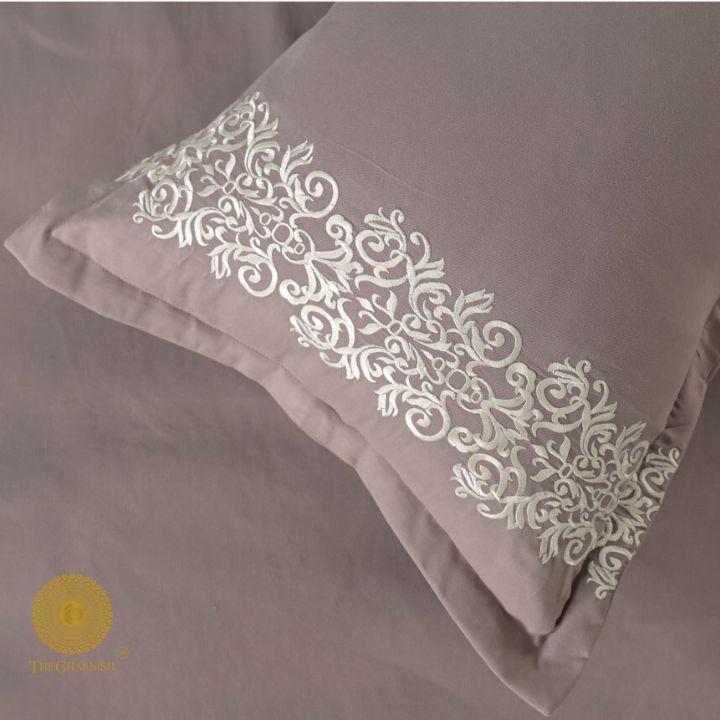 Plain Bedding Set with Embrodiery on Pillow - The Gharnish - A Unit of Satkala Creations