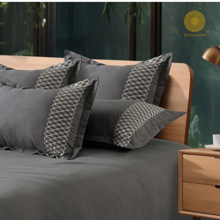 Plain Bedding Set with Embrodiery on Pillow - The Gharnish - A Unit of Satkala Creations