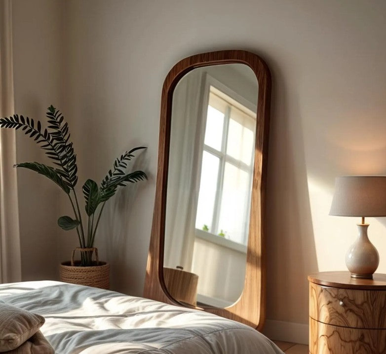 Walnut Layered Floor Mirror, Wooden Mid Century Full Body Mirror, Irregular Wall Mirror, Asymmetric Full Length Mirror - The Gharnish - A Unit of Satkala Creations