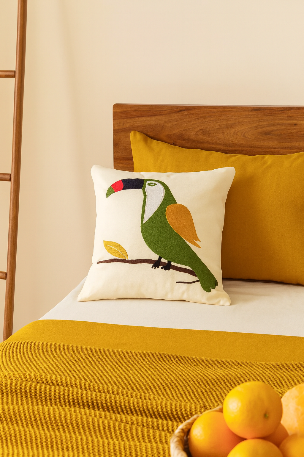 Decorative pillow with a toucan design on a bed with yellow and white bedding.