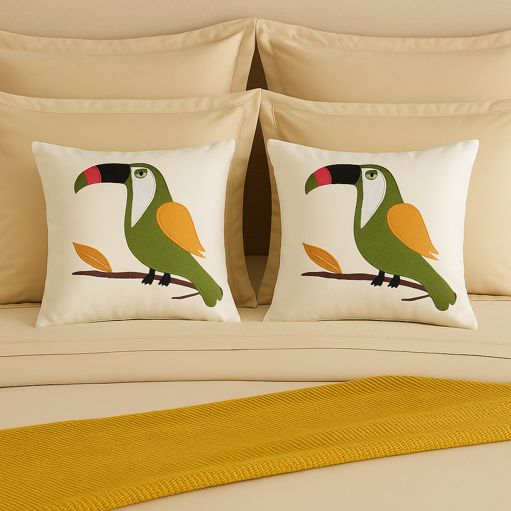 Two decorative pillows with toucan designs on a beige couch.