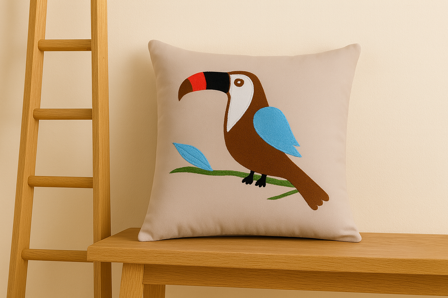 Decorative pillow with a toucan design on a wooden stool against a beige wall.