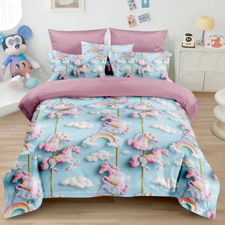 Unicorn and rainbow patterned bedding set on a bed in a room with toys and decor.