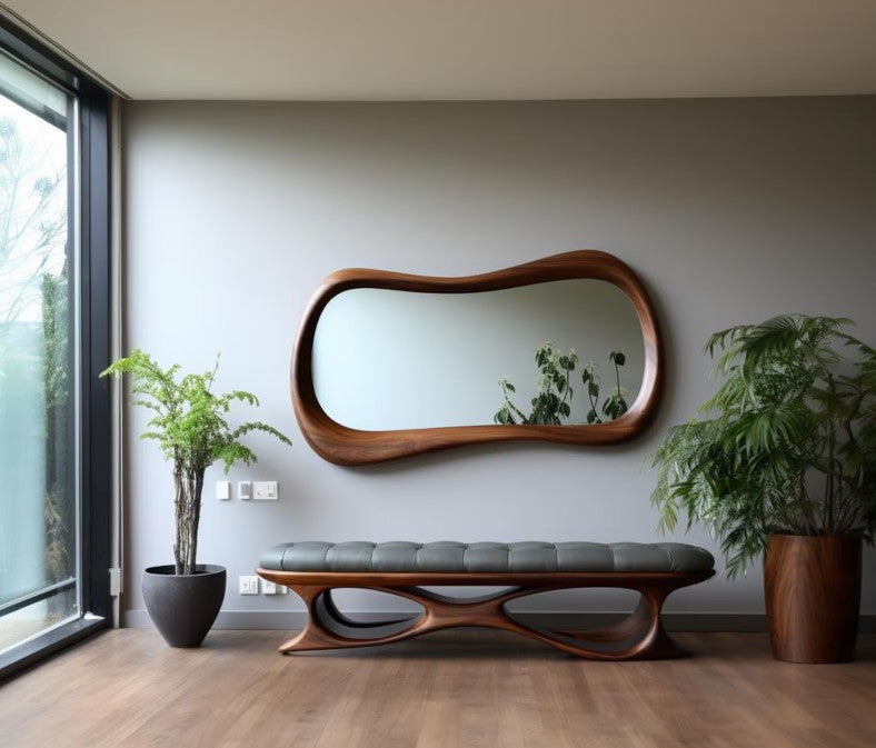 Wave Form Walnut Asymmetrical Wall Mirror – Organic Modern Decor - The Gharnish - A Unit of Satkala Creations