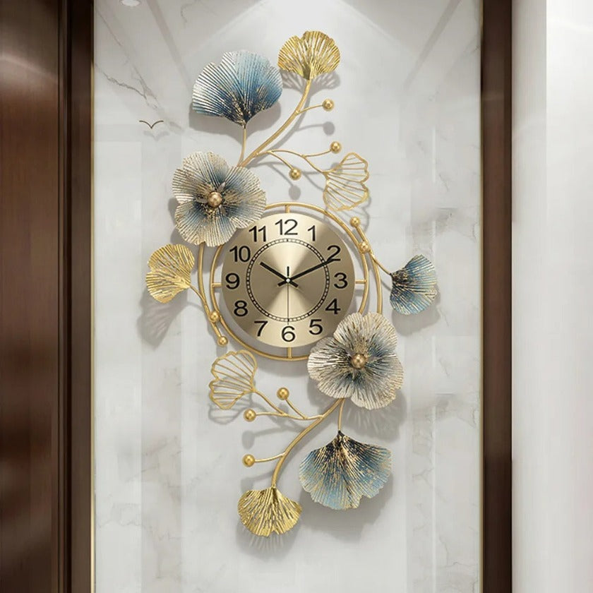 Floral Metallic Wall Hanging Clock - 48 x 18 Inches - The Gharnish - A Unit of Satkala Creations