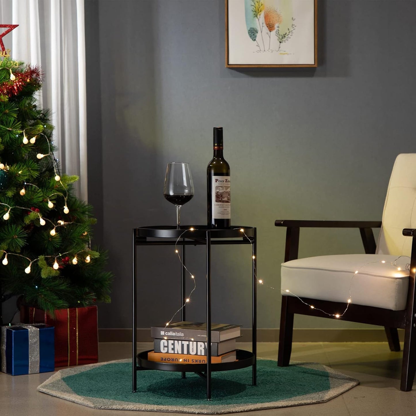 Metal End Table Round Side Table with 2-Tier Removable Tray Folding Accent Table - The Gharnish - A Unit of Satkala Creations