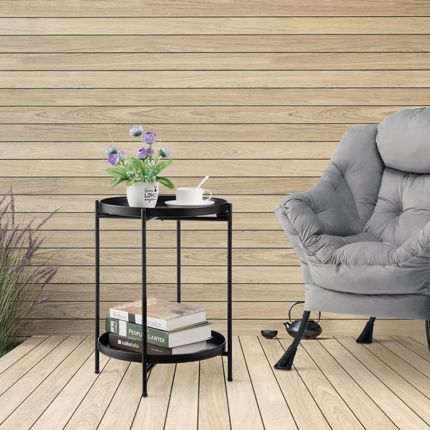 Metal End Table Round Side Table with 2-Tier Removable Tray Folding Accent Table - The Gharnish - A Unit of Satkala Creations