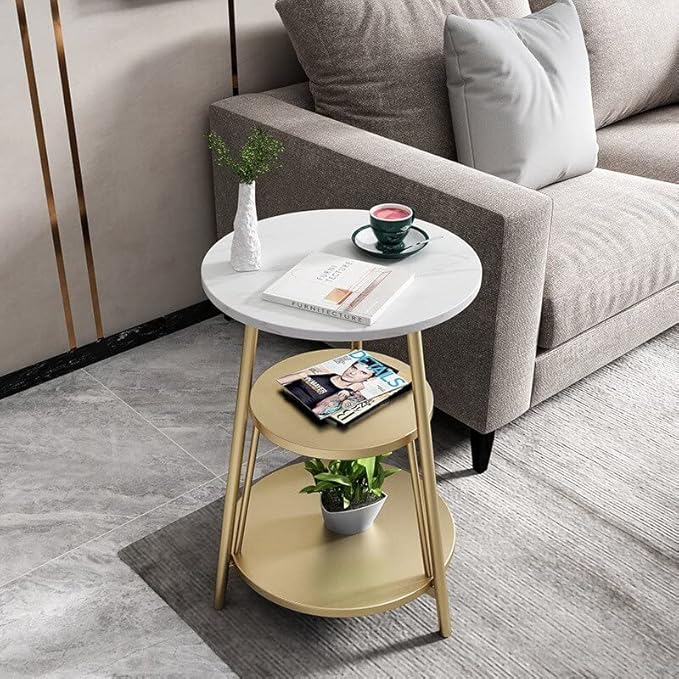 3 Tier Marble and Iron Round Side Table and Bedside table - The Gharnish - A Unit of Satkala Creations