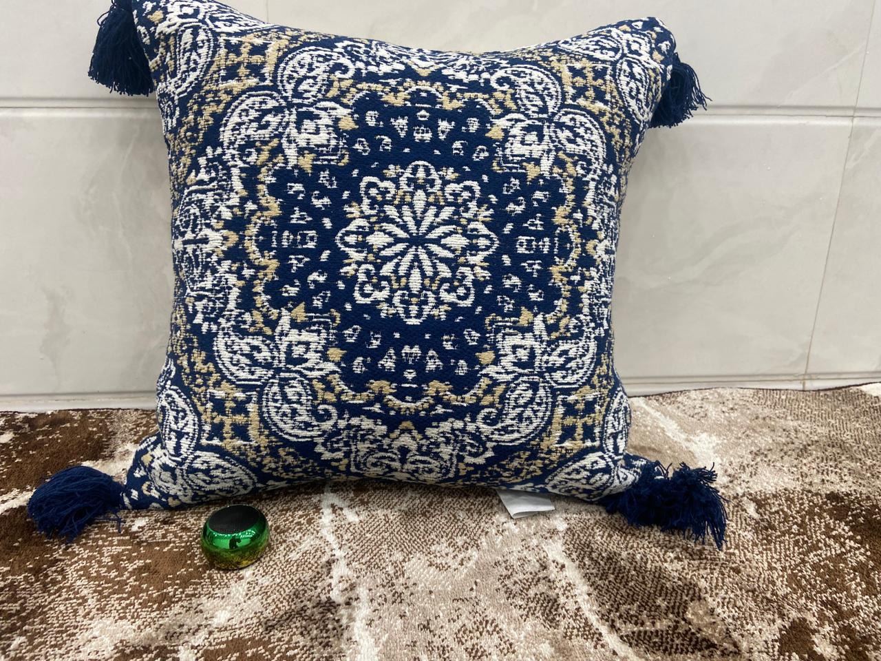 Pure Cotton Blue Hanblocked Cushion Cover with Tussels - The Gharnish - A Unit of Satkala Creations