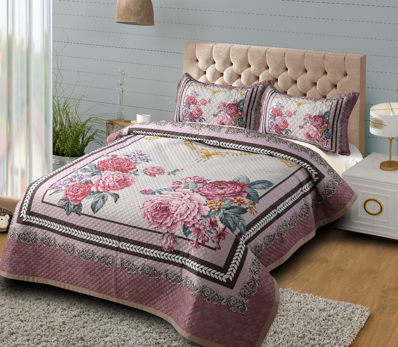 Imported Heavy Glace Cotton Quilted Digital Printed Panel Bedcover - The Gharnish - A Unit of Satkala Creations