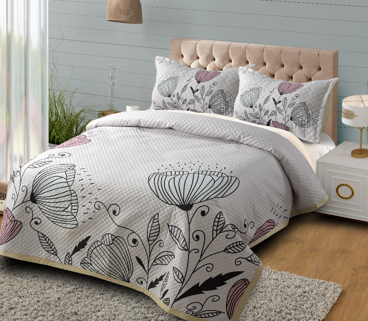 Imported Heavy Glace Cotton Quilted Digital Printed Panel Bedcover - The Gharnish - A Unit of Satkala Creations