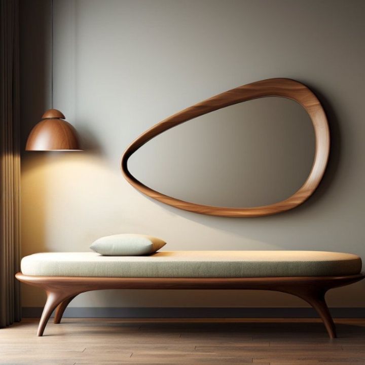 Wooden bench with cushion and mirror on wall in a room