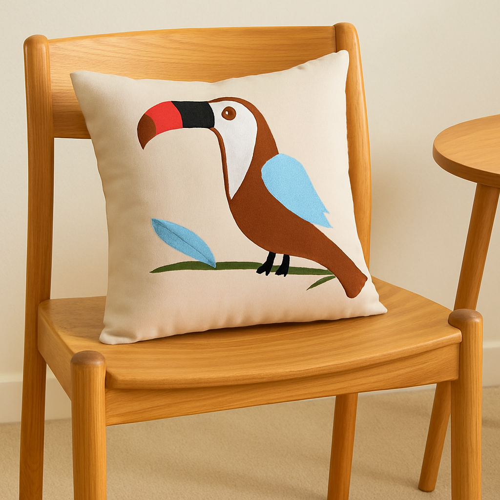 Wooden chair with a decorative pillow featuring a toucan design on a beige background