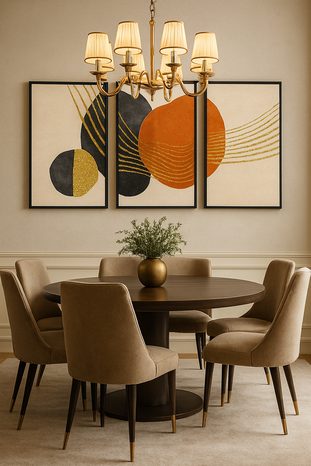 Dining room with round table and chairs, chandelier, and abstract art on the wall.
