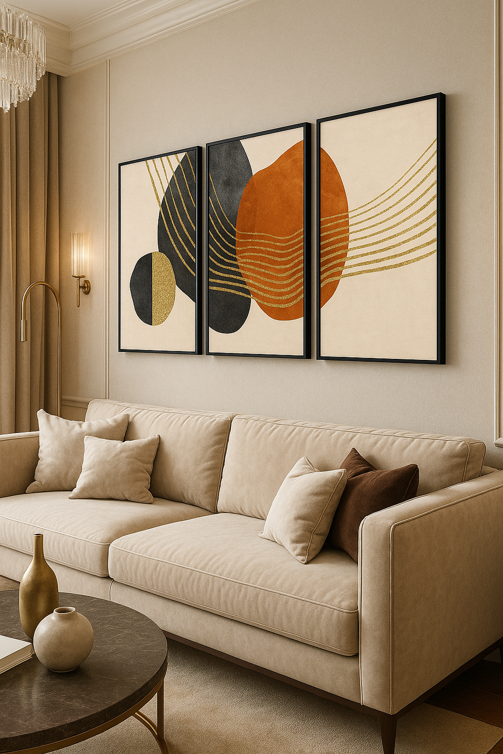 Beige sofa with decorative pillows in a living room setting, featuring abstract wall art.