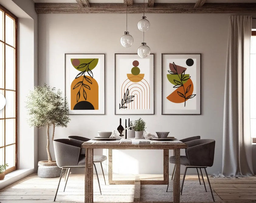 Set of 3 Modern Botanical Geometric Wall Art – Minimalist Abstract Prints