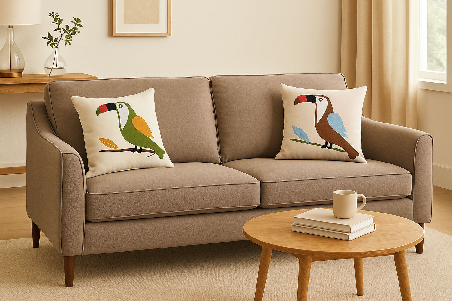 Beige sofa with decorative pillows featuring bird designs in a living room setting.