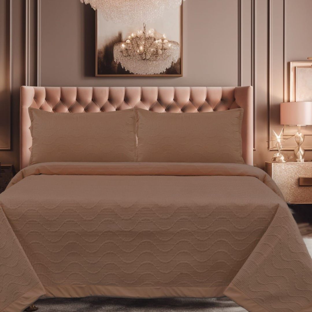 "Double bed supersoft reversible ultrasonic bedcover with elegant stitching design, offering a cozy and stylish layer for any bedroom.