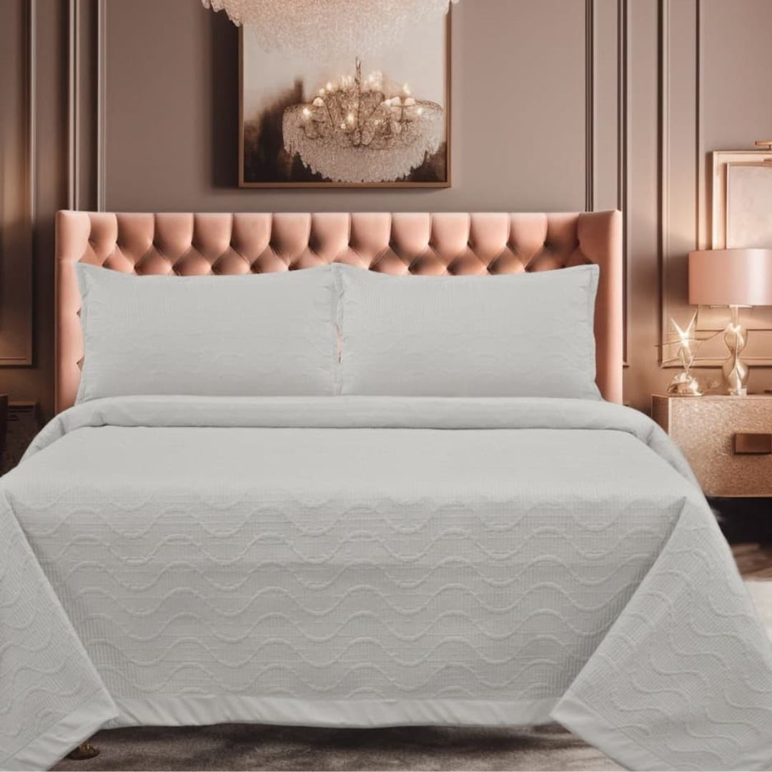 "Double bed supersoft reversible ultrasonic bedcover with elegant stitching design, offering a cozy and stylish layer for any bedroom.