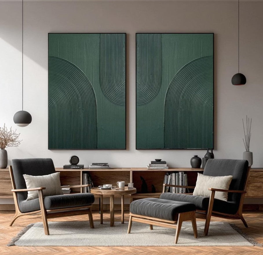Modern living room with two large green abstract paintings on a wall.