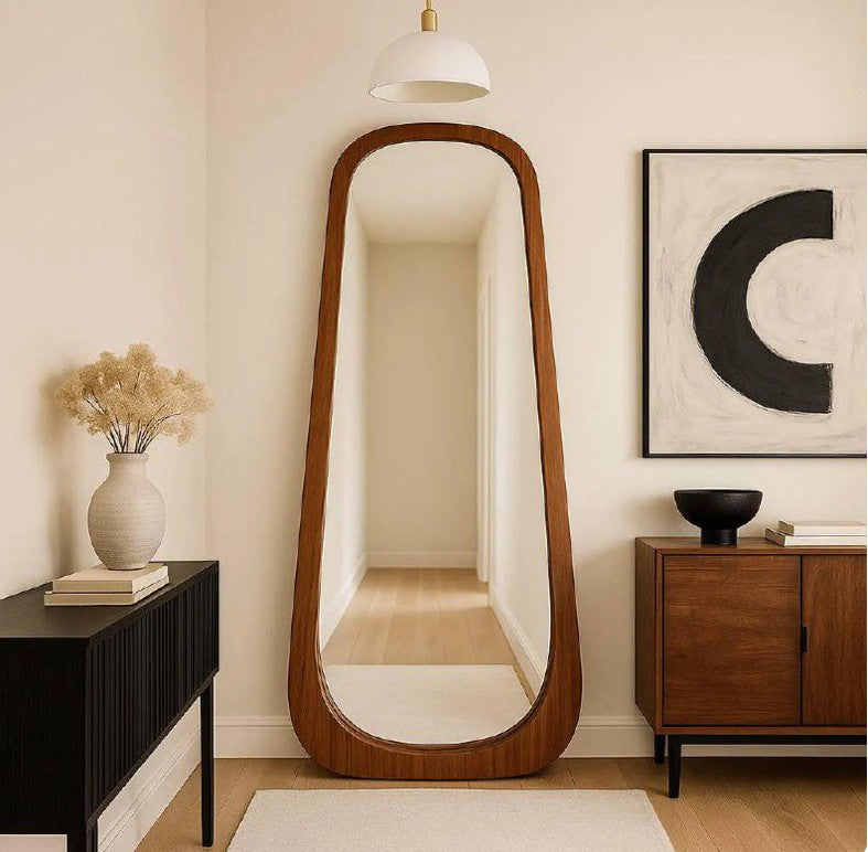 Walnut Layered Floor Mirror, Wooden Mid Century Full Body Mirror, Irregular Wall Mirror, Asymmetric Full Length Mirror - The Gharnish - A Unit of Satkala Creations
