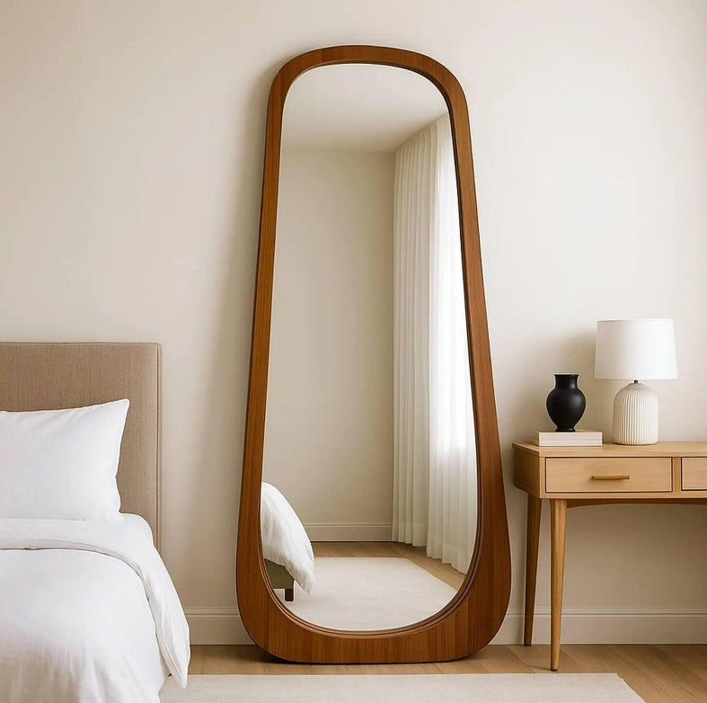 Walnut Layered Floor Mirror, Wooden Mid Century Full Body Mirror, Irregular Wall Mirror, Asymmetric Full Length Mirror - The Gharnish - A Unit of Satkala Creations