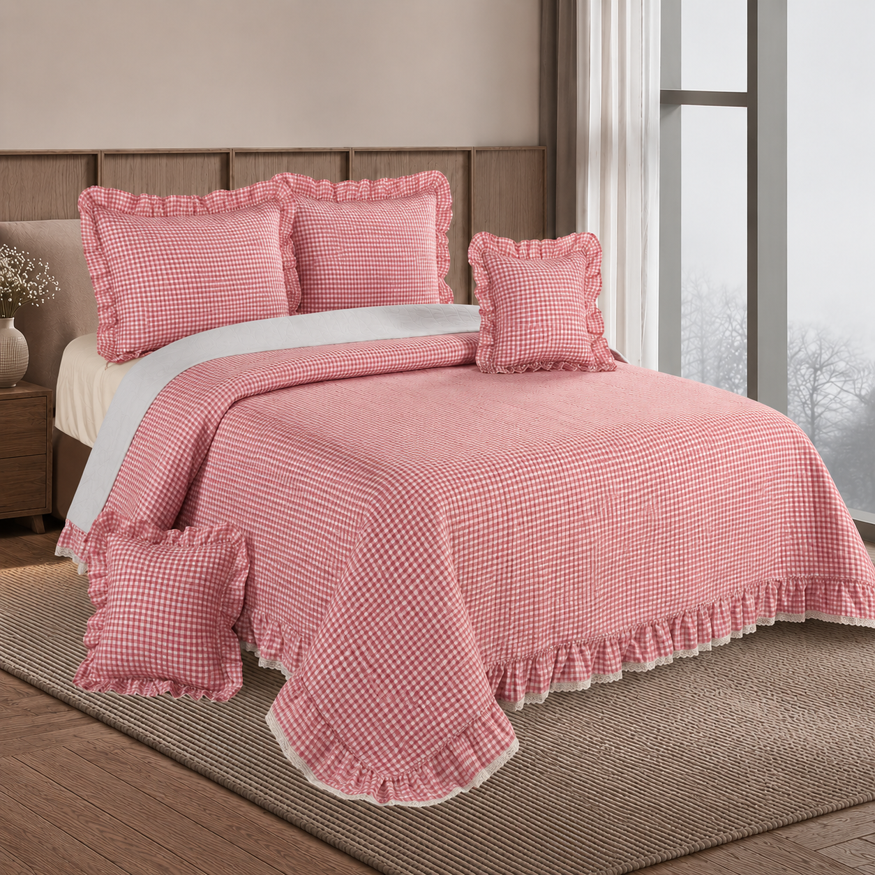 A pink and white gingham check bedding set with ruffled edges, including a comforter, matching pillow shams, and two decorative throw pillows, styled on a bed in a bedroom setting.