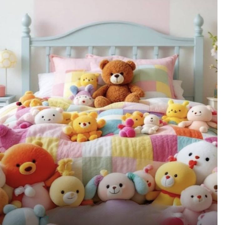 Bed with colorful teddy bear-themed bedding and pillows in a child's room.