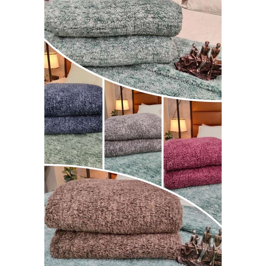 Collage of textured blankets in various colors on a bed.