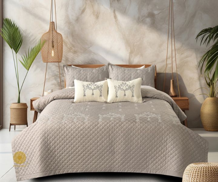 Designer bedding set by The Gharnish, 5-piece summer bedding collection with stylish patterns and soft fabric for a cozy bedroom.