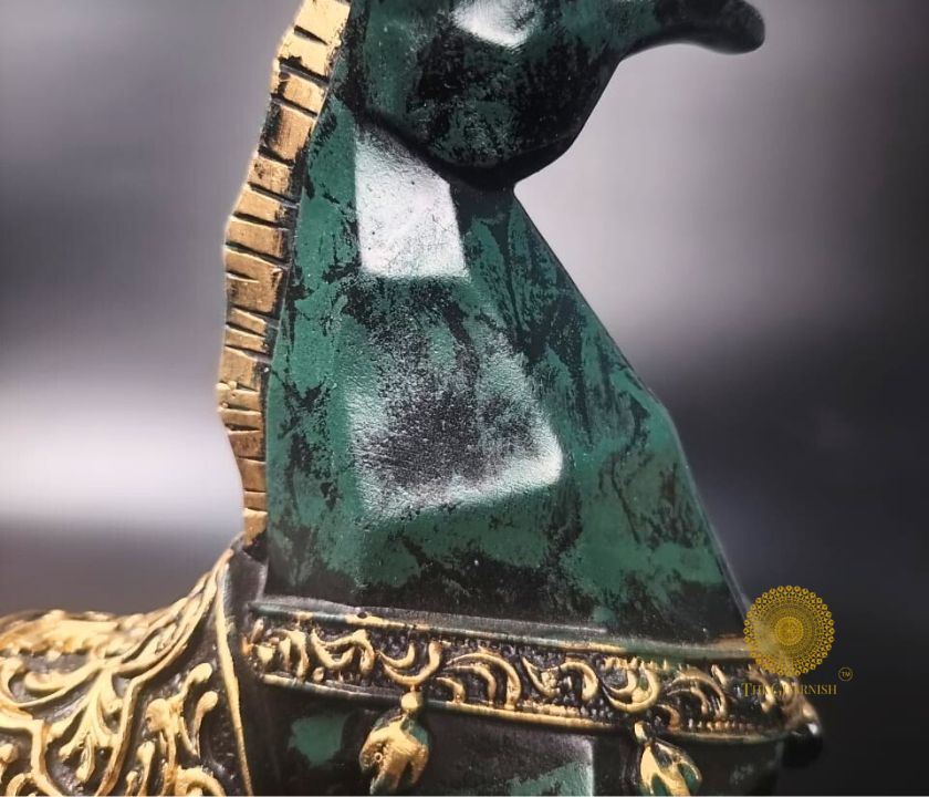 Detailed view of The Gharnish marching horse centre table showpiece, a decorative animal figurine with intricate craftsmanship.