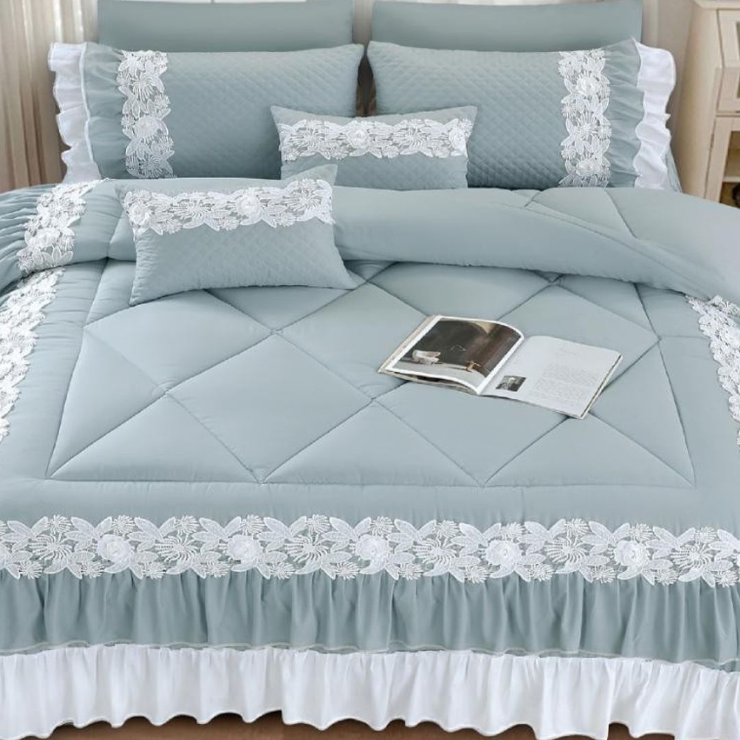 Grey Zayna Premium Bedding Set by The Gharnish, 6-piece imported bedding set with soft fabric and stylish design for bedroom decor.