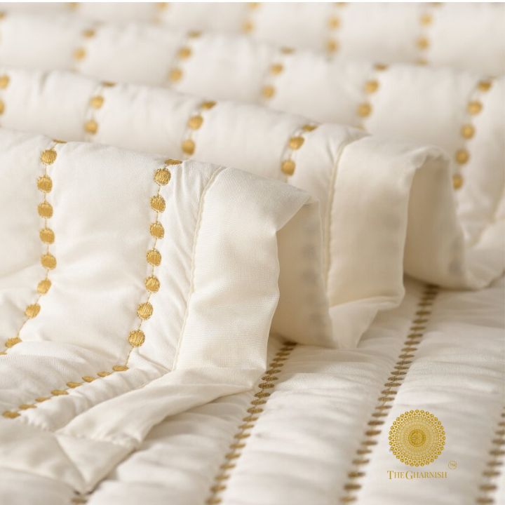 Moon Light Designer Quilted Bedding Set of 5 Pcs by The Gharnish, featuring moon-inspired patterns and soft fabric for a cozy bedroom.
