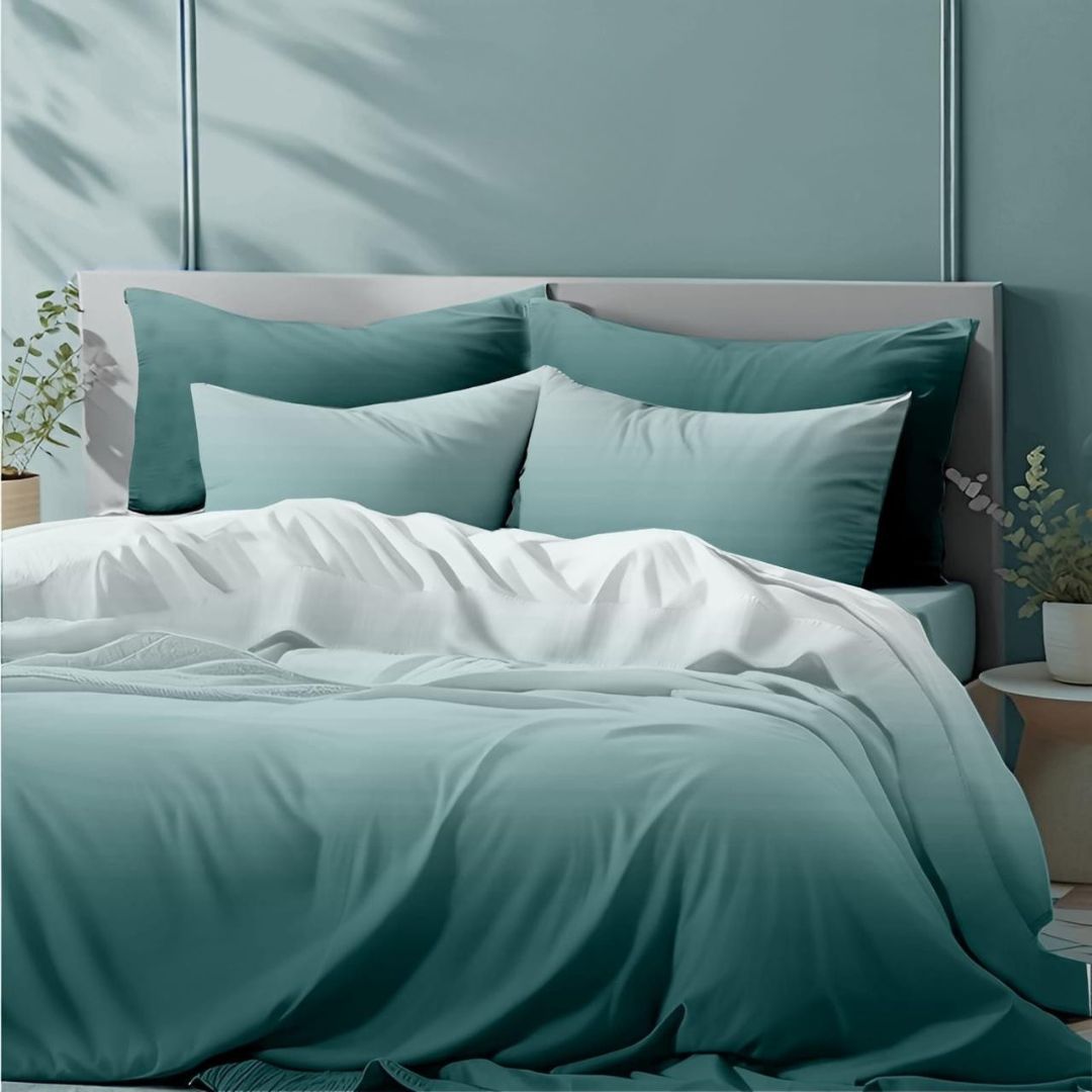 Colorful cotton bedding set of 3 with ombre design, 300 thread count, from The Gharnish, featuring vibrant, soft bedding for a stylish bedroom.