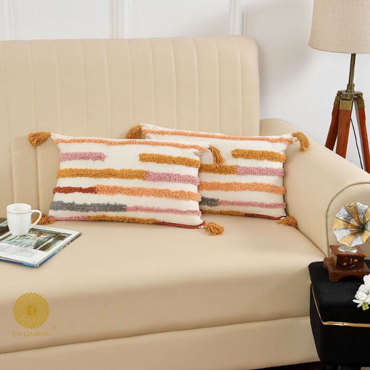 Set of two Bohe handloom cushion covers by The Gharnish, 16x16 inches, featuring intricate woven patterns and vibrant colors.